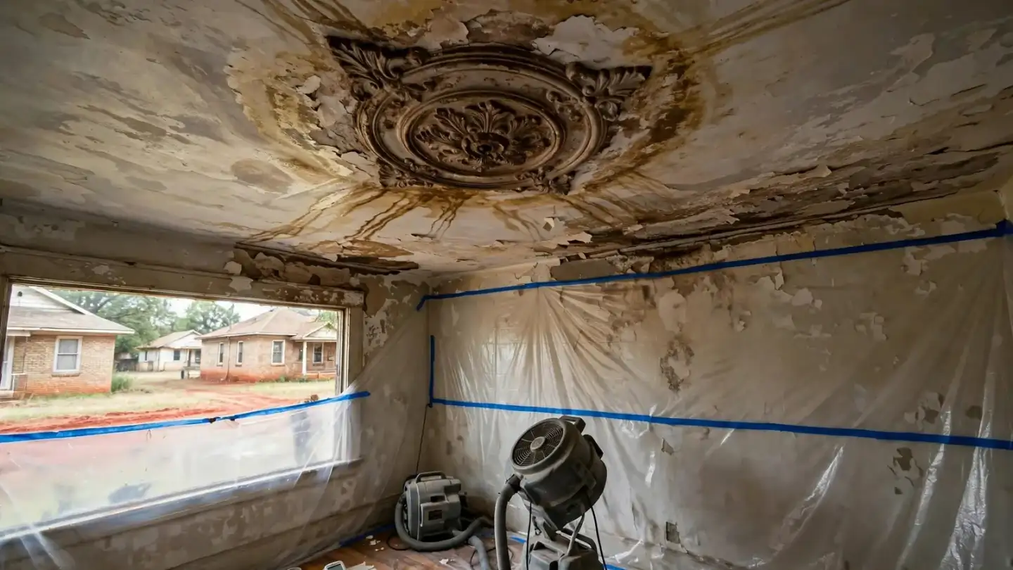 Water-stained plaster ceiling with a decorative medallion and drying equipment below