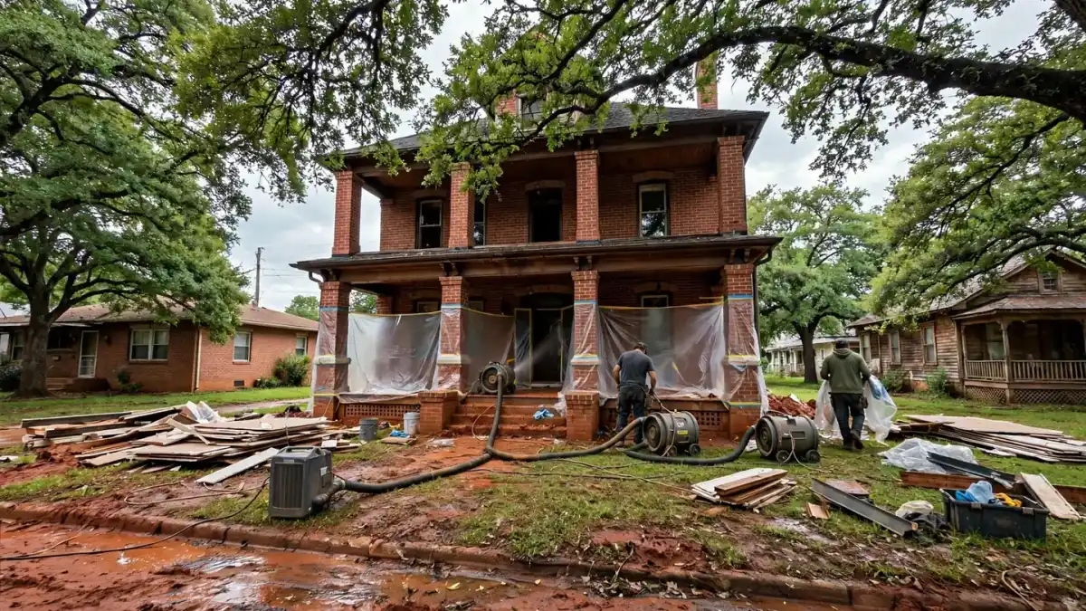 Large brick two-story house with a deep porch and crews drying it out