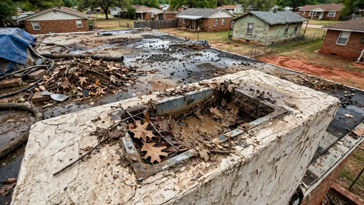 Clogged roof drain box full of leaves on a flat roof