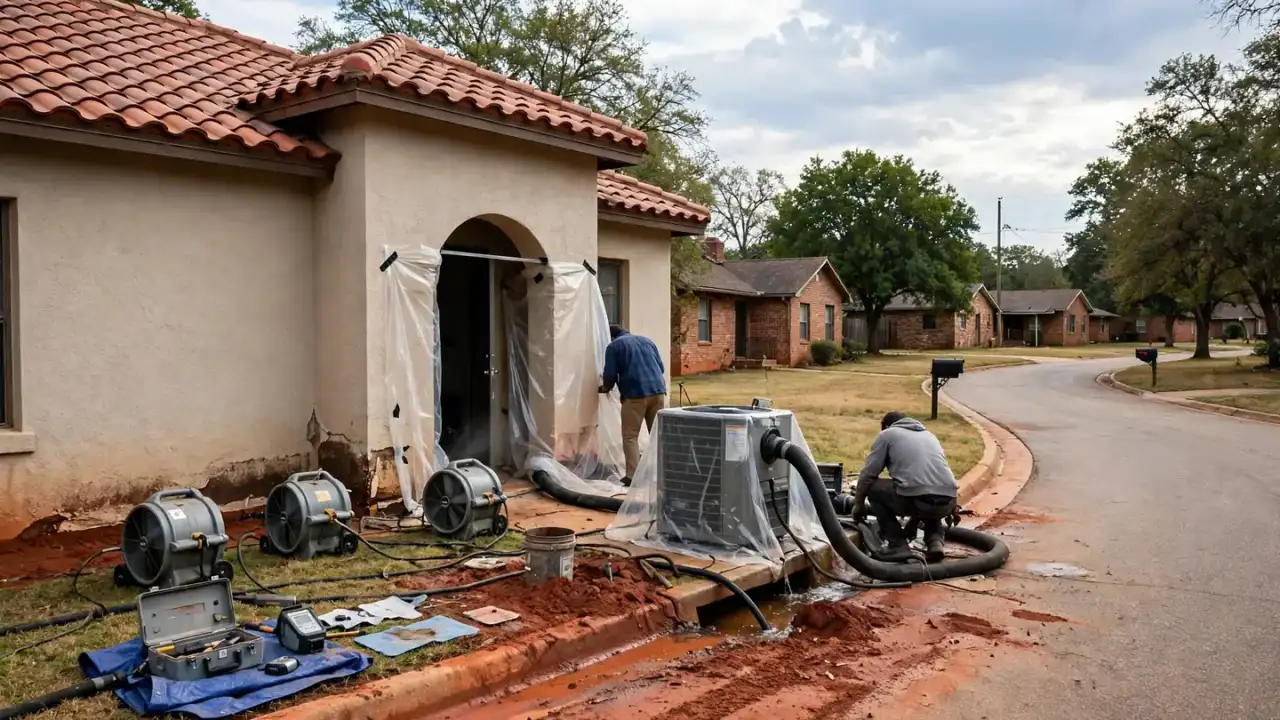 Stucco house with a tile roof and air movers set up at the arched entry