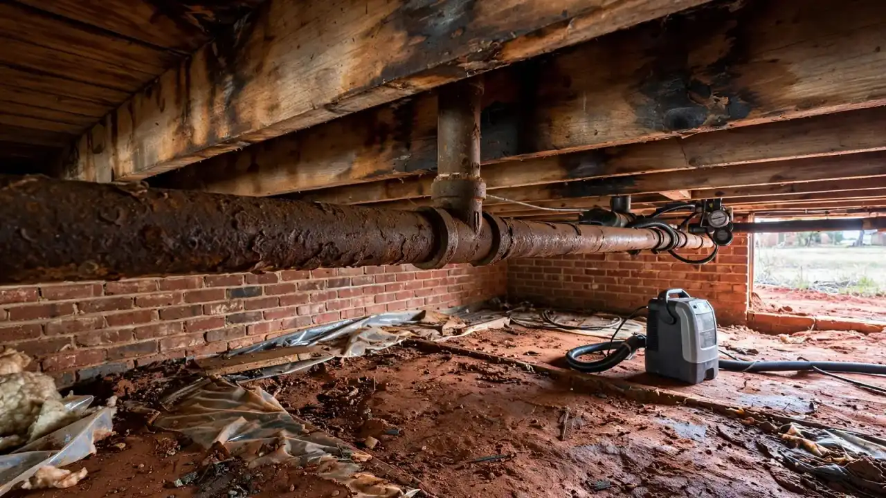 Rusted drain pipe under a wooden floor in a muddy crawlspace