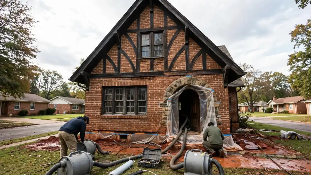 Brick Tudor-style house with a steep gable and drying equipment outside