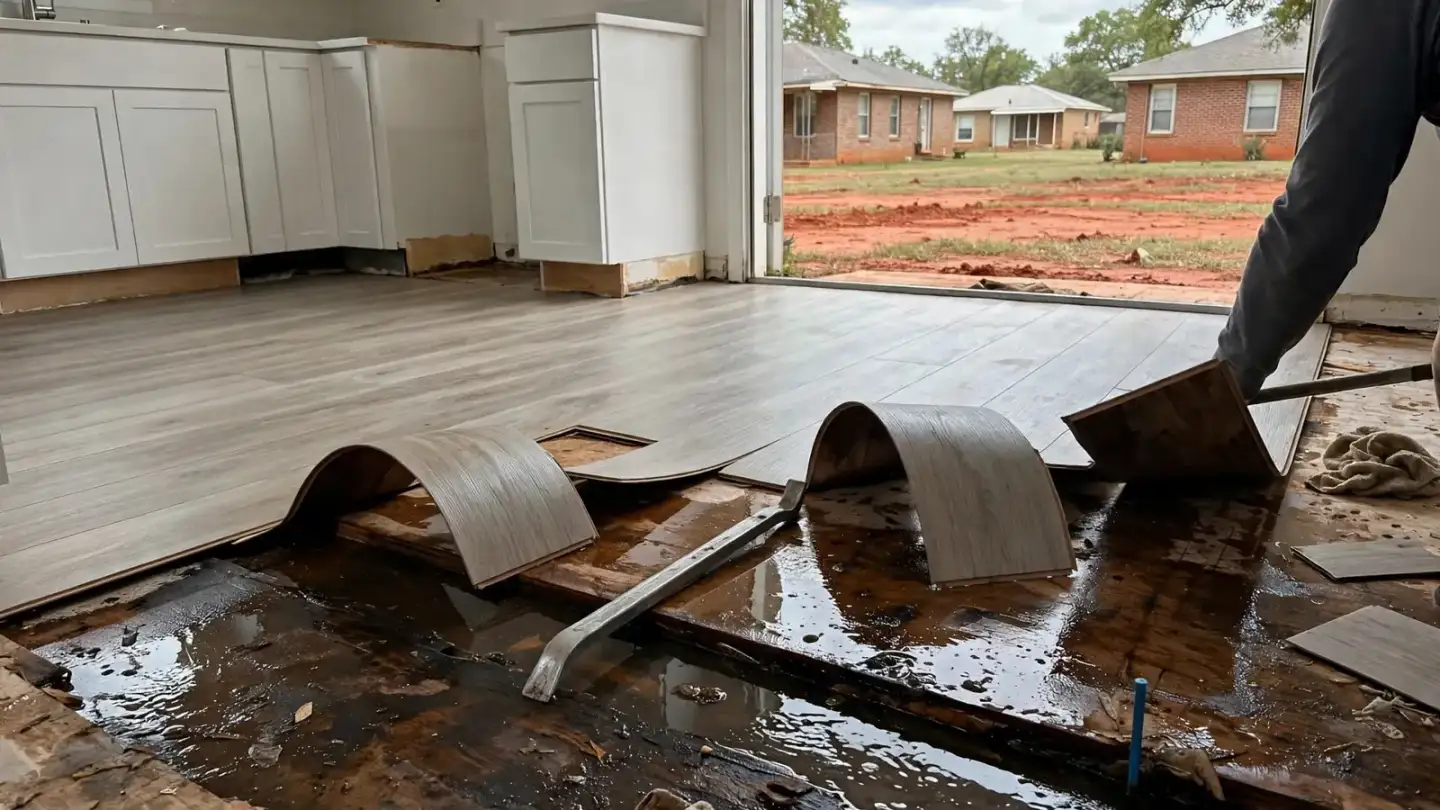 Vinyl plank flooring peeled back from a wet floor in a kitchen