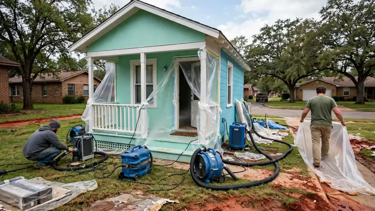 Small mint-green bungalow with plastic sheeting and air movers in the yard