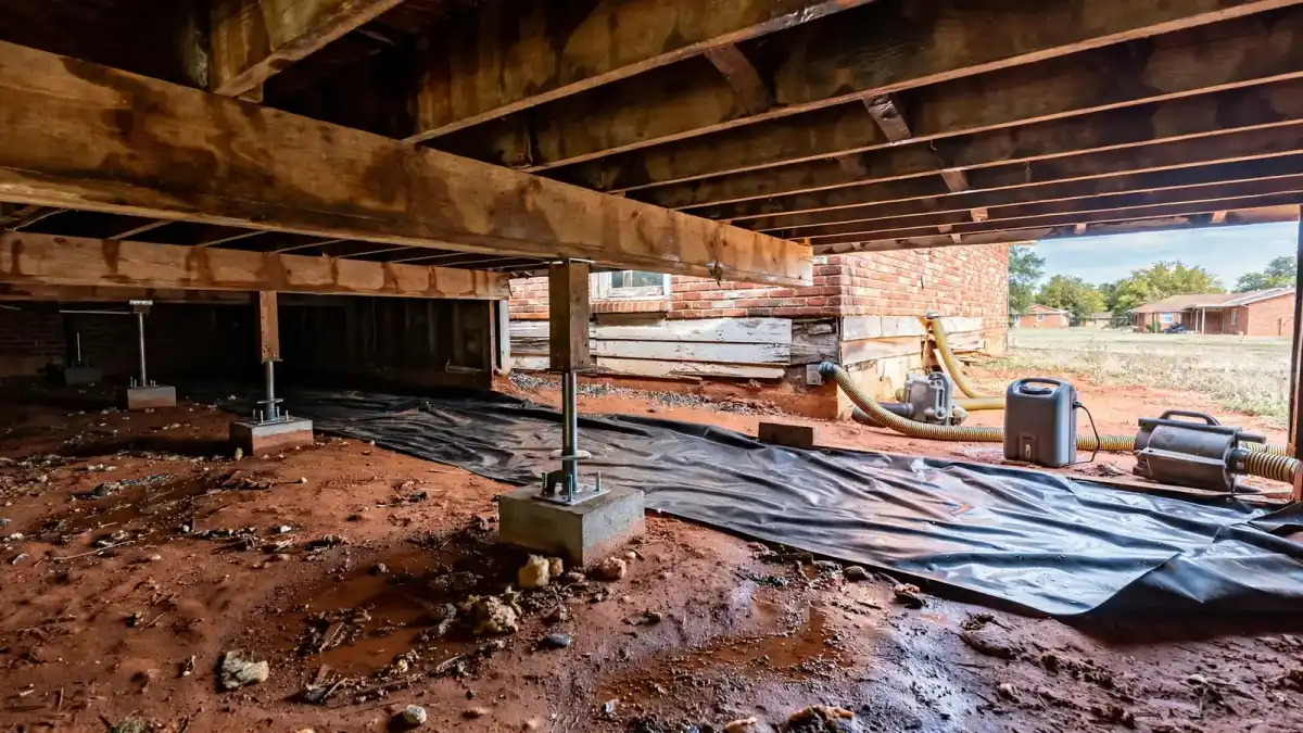 Pier-and-beam crawlspace with a black vapor barrier and a dehumidifier