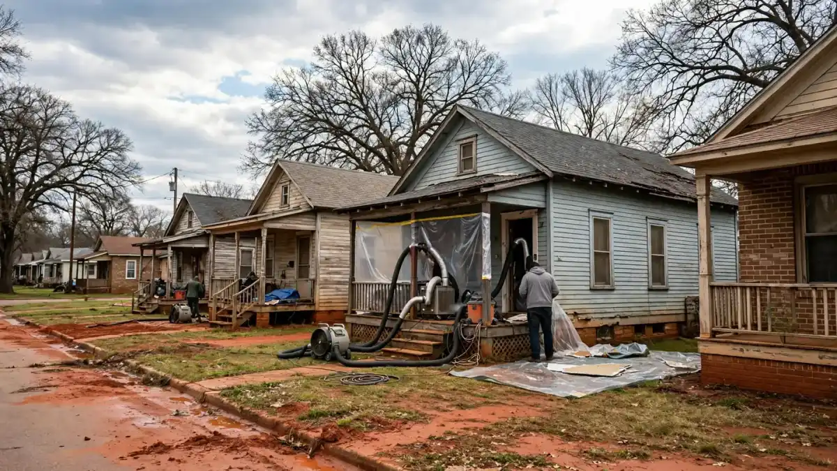 Row of small frame houses with porches, one being dried out