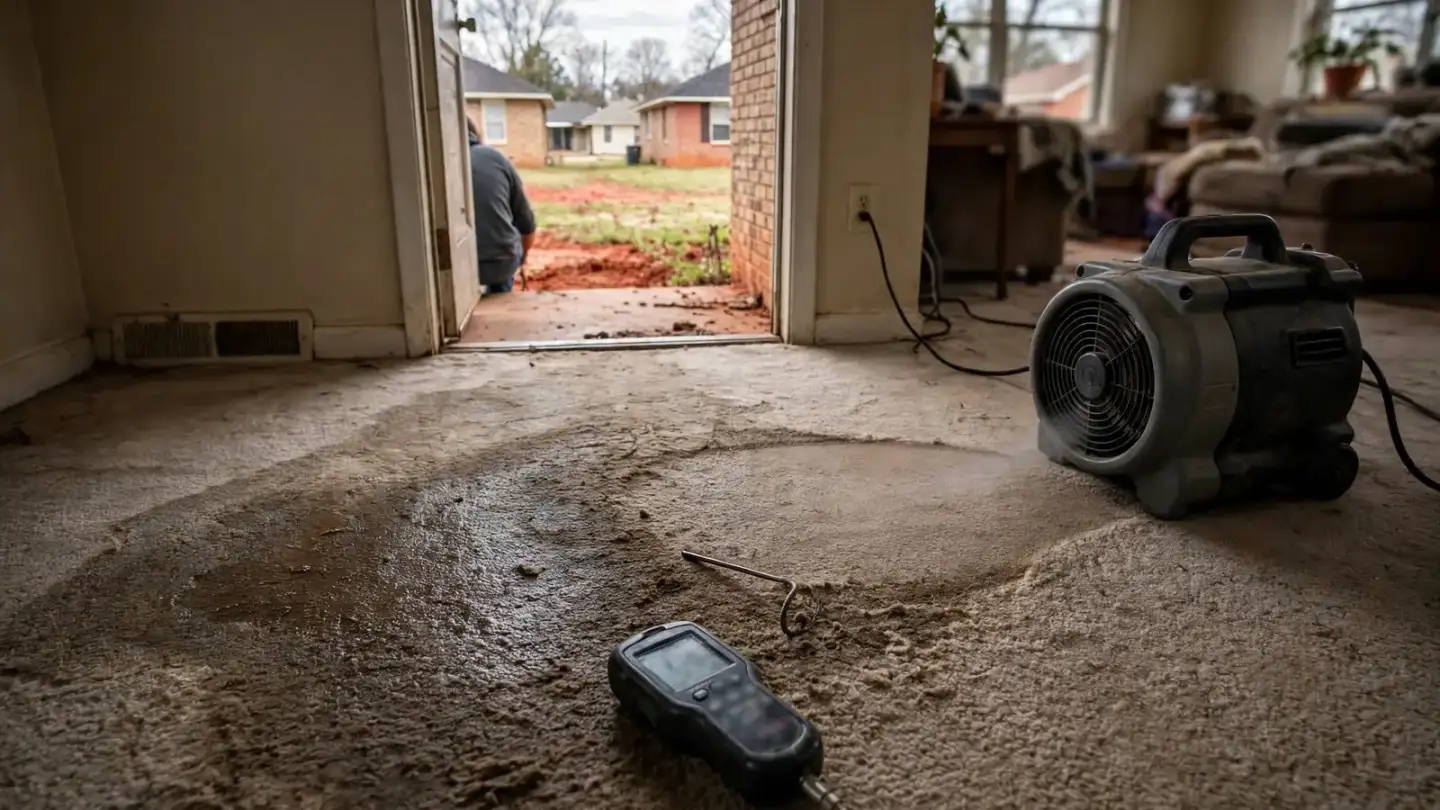 Damp carpet with a moisture meter on the floor and an air mover nearby