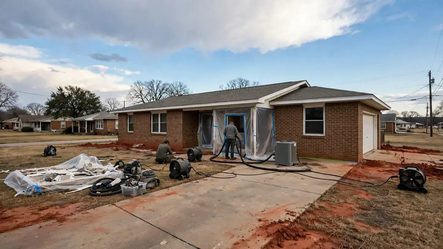 Single-story brick ranch home with drying equipment in the driveway