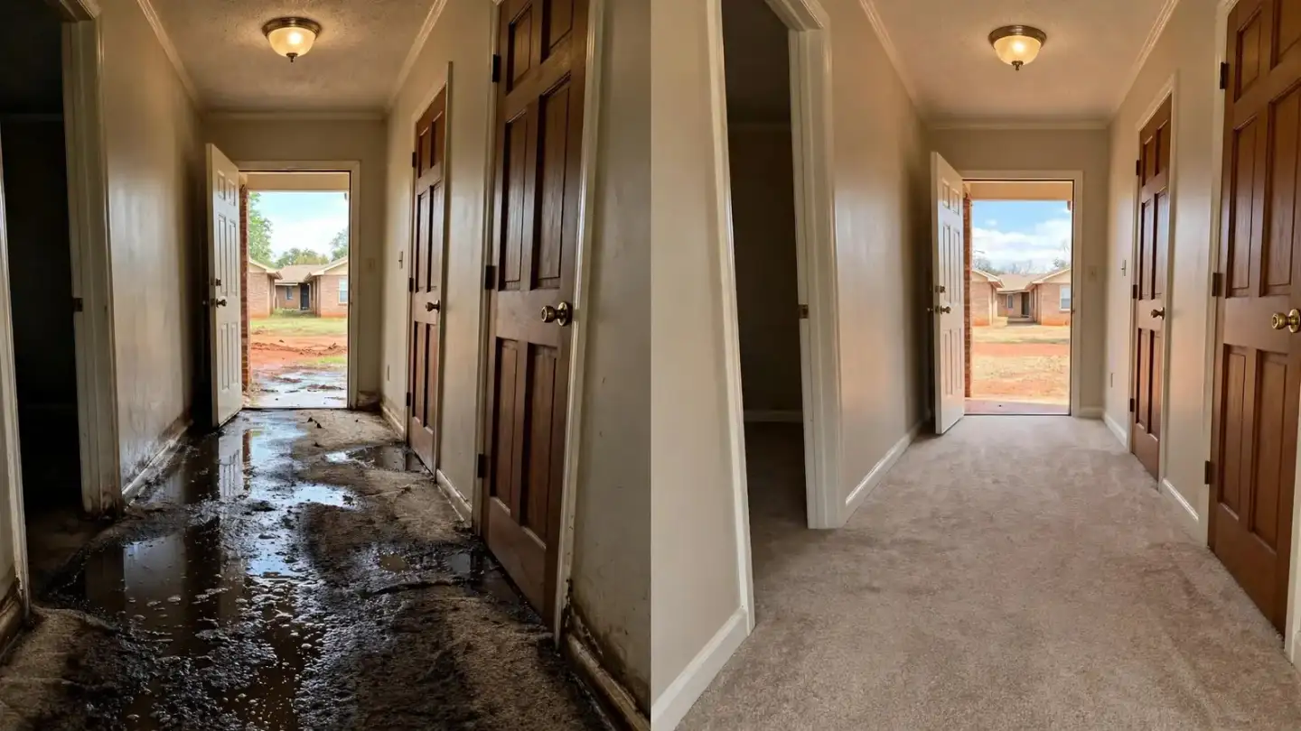 Hallway split view: soaked carpet beside the same hallway dried