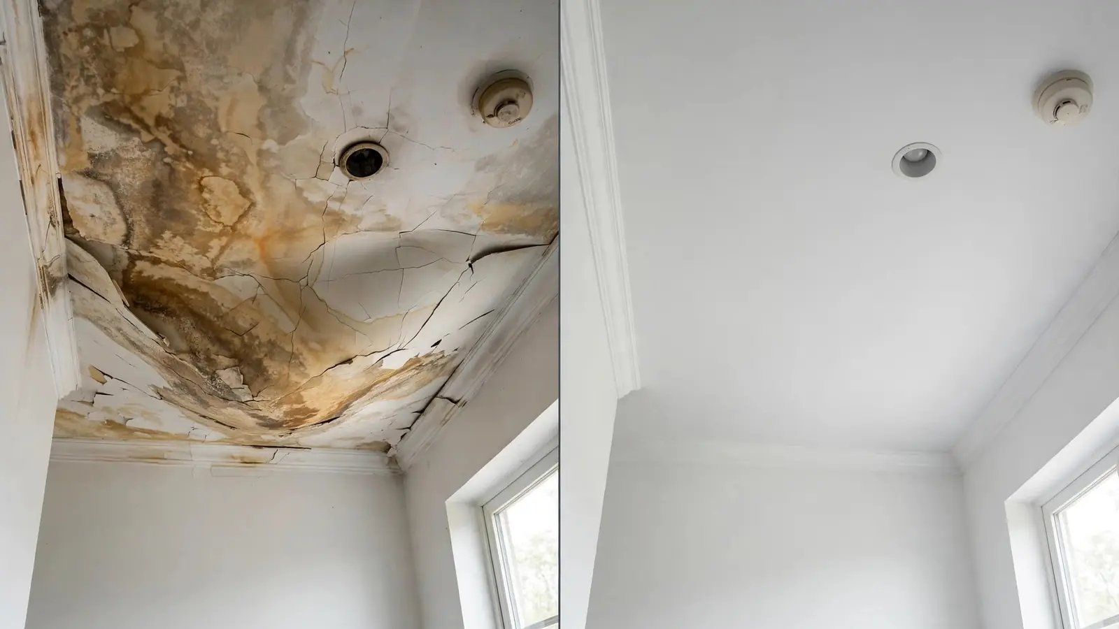 Ceiling with a water stain and sag before and after repair