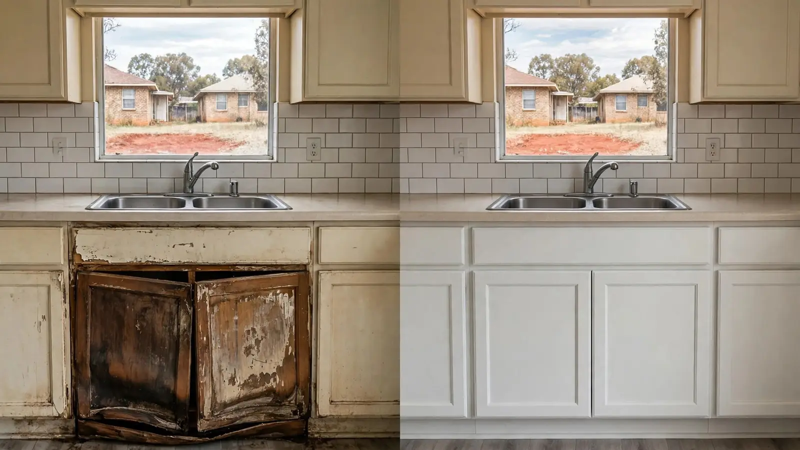 Kitchen cabinet base swollen by a leak before and after replacement