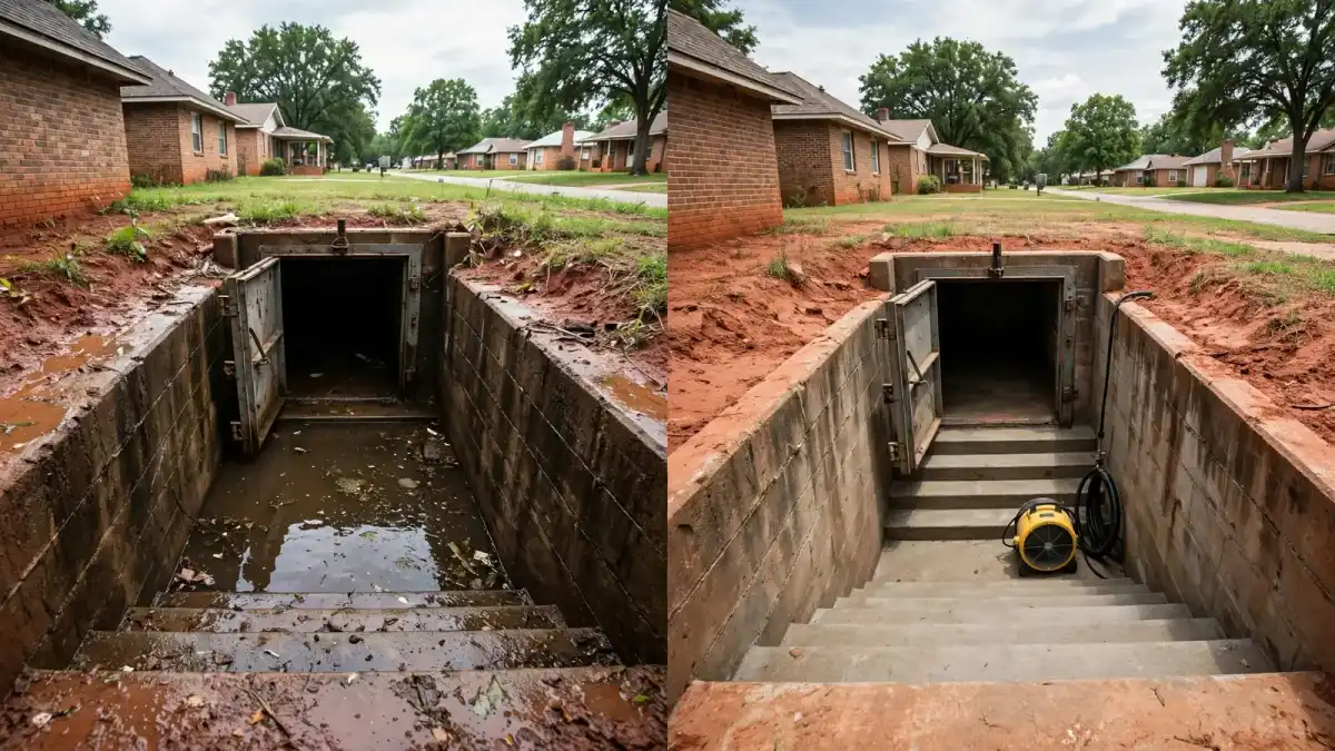 Storm cellar with standing water before and after pumping and cleaning