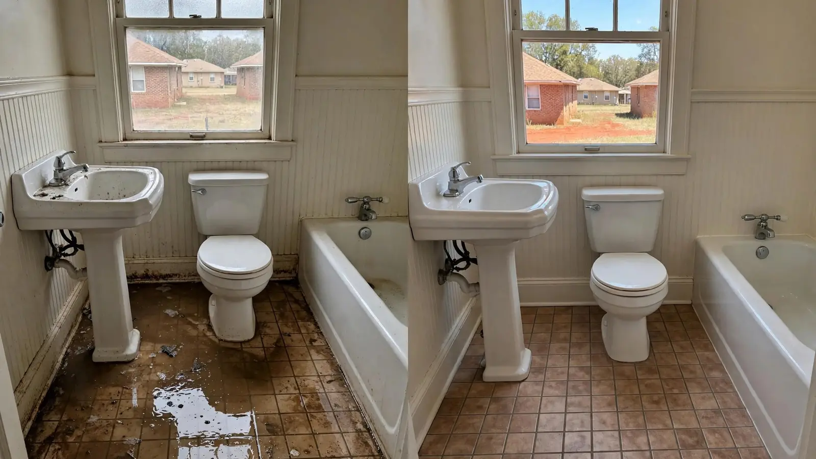 Bathroom floor after a toilet backup before and after cleanup