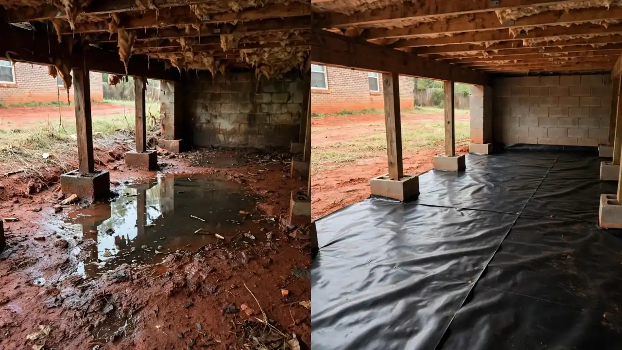 Crawlspace with pooled water before and after drying and new vapor barrier