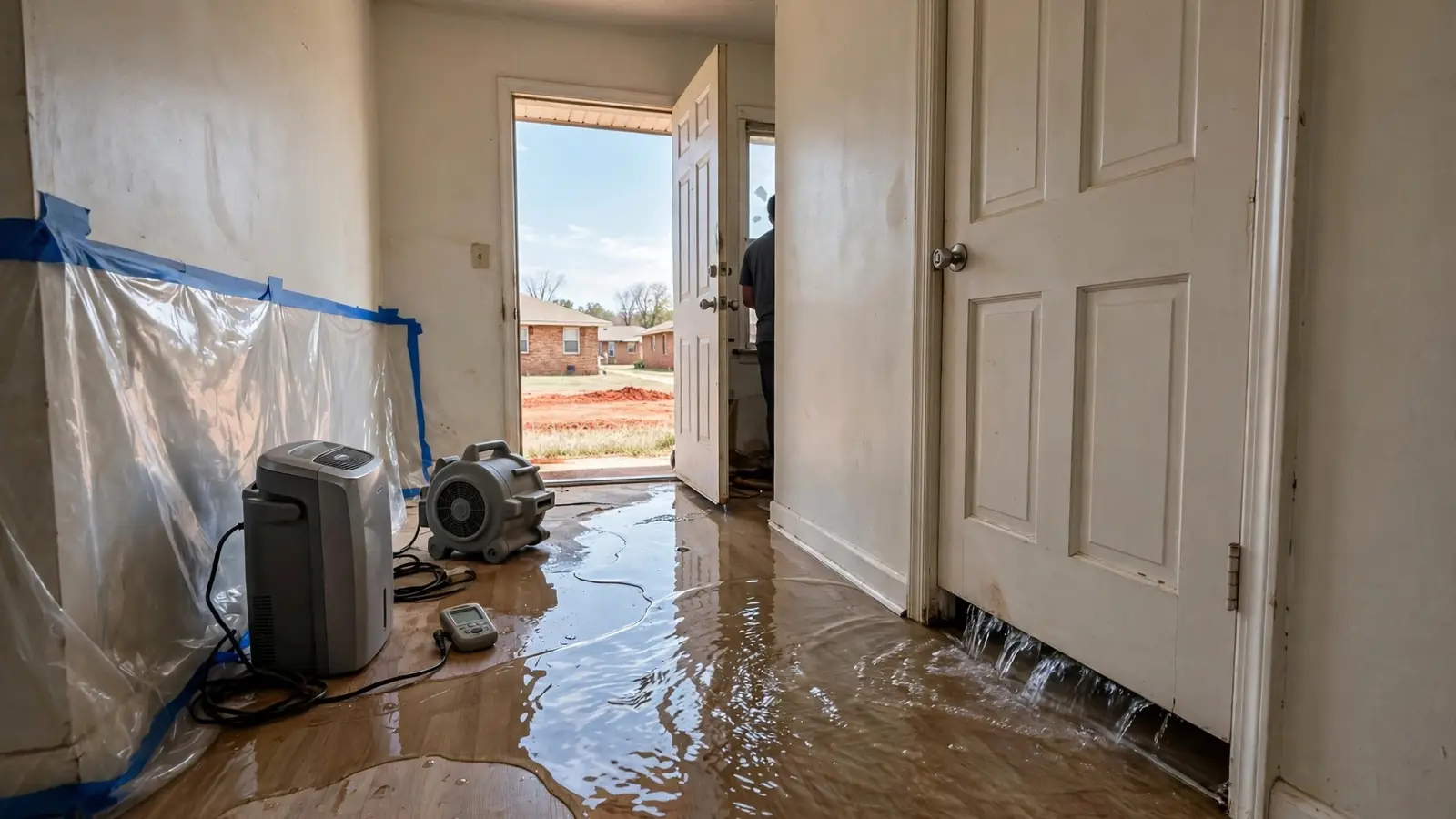 Water flowing under a closet door across a hallway floor
