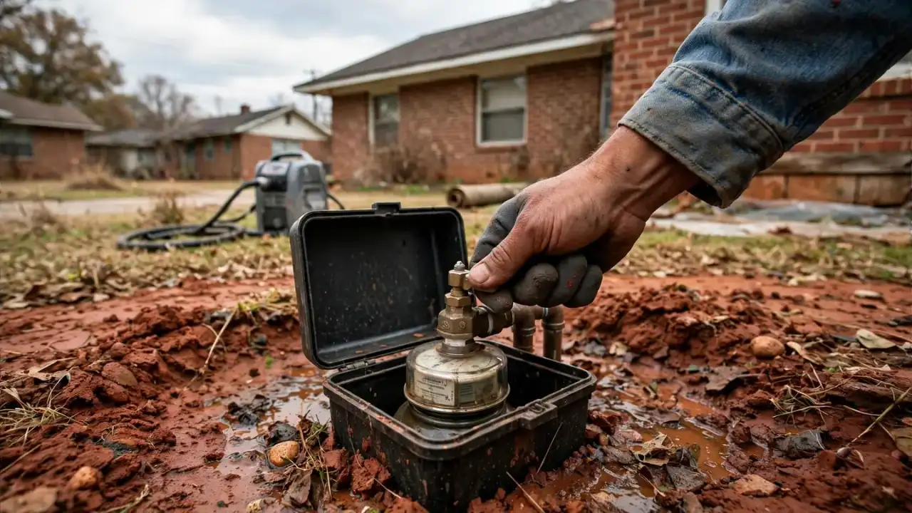 Hand turning a valve in an open meter box in the yard