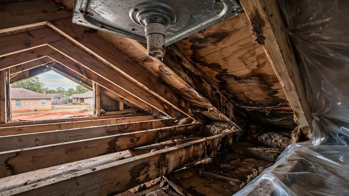 Water-stained attic framing under an air handler drain pan
