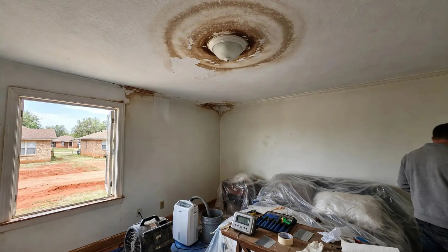 Brown water stain ring around a ceiling light in a bedroom