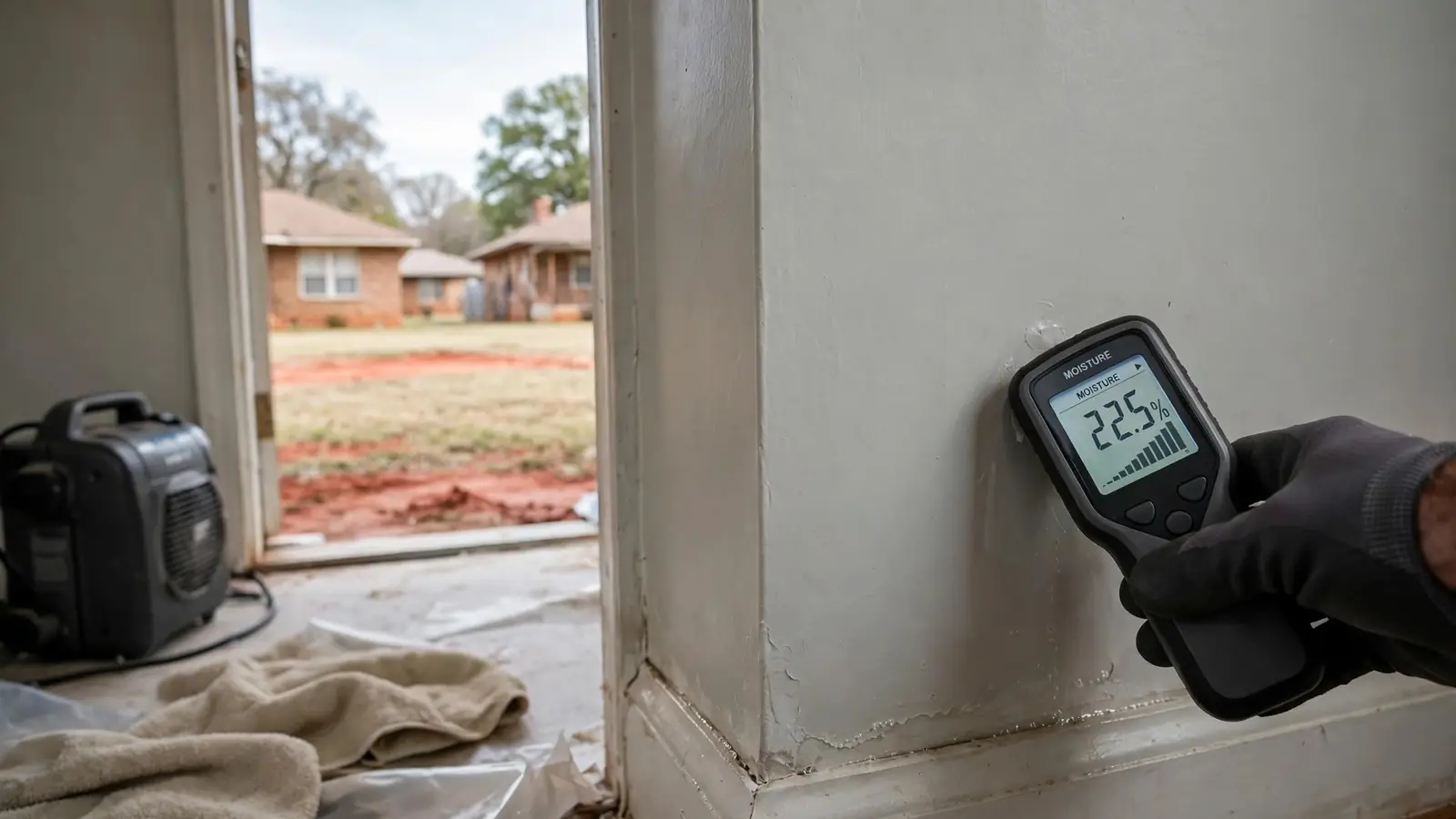 Moisture meter held against a painted wall near a doorway