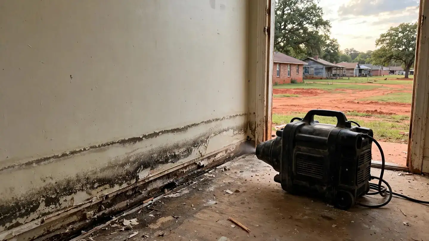 Dark water line along the bottom of a wall with an air mover nearby