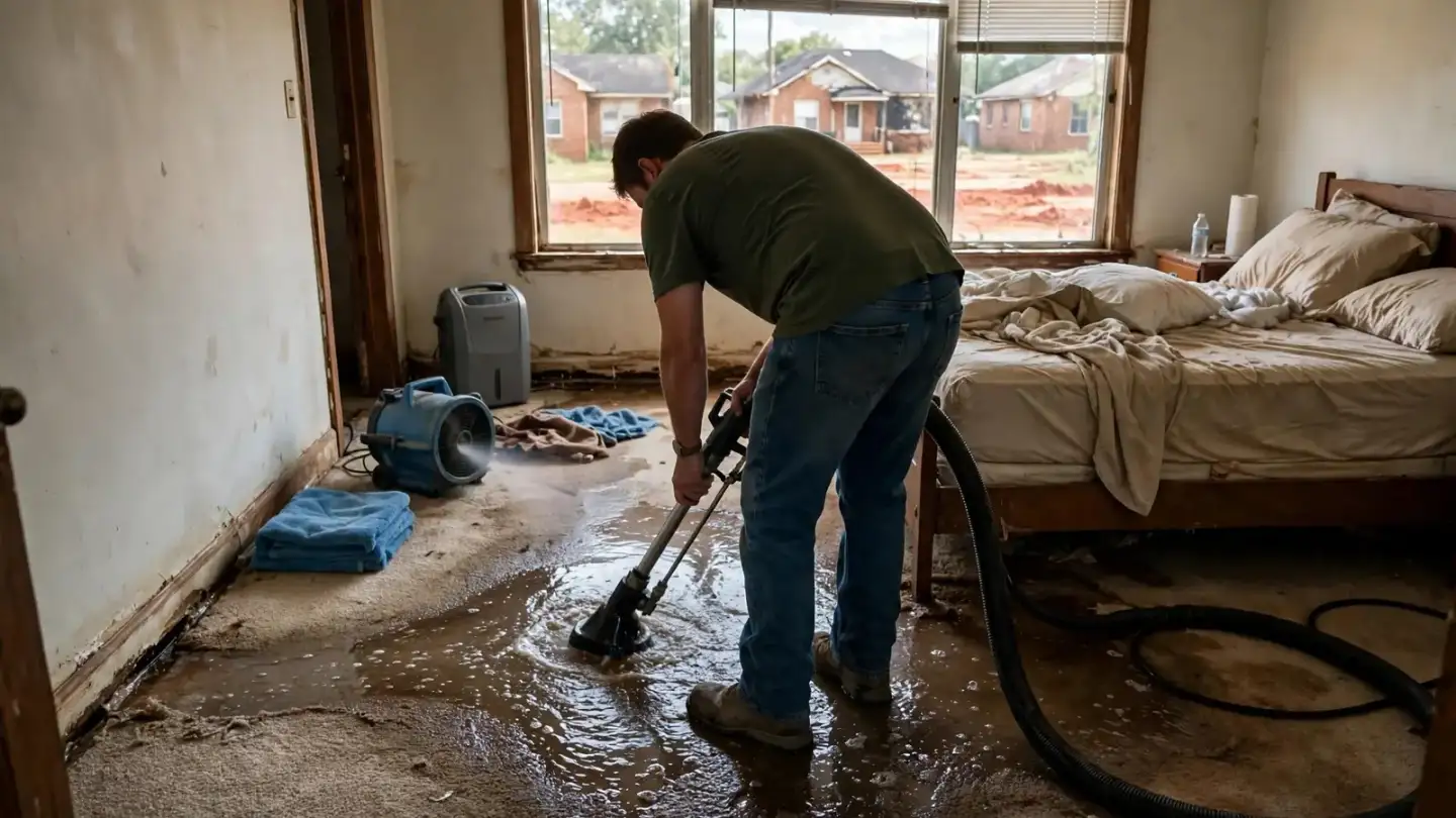 Man running an extraction tool over wet carpet in a bedroom