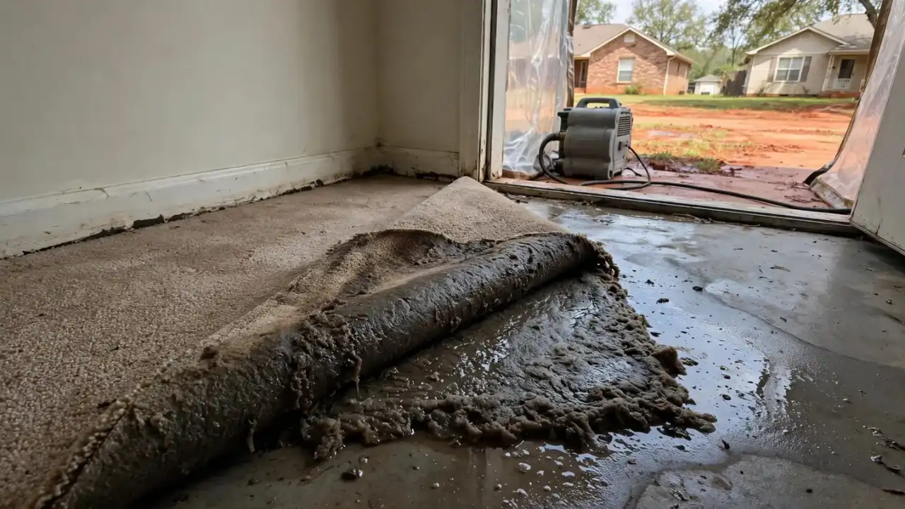 Wet carpet rolled back to show soaked padding on a concrete floor