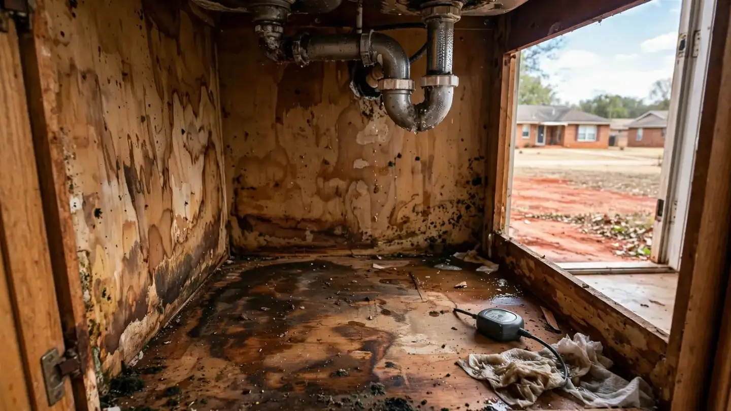 Water-stained cabinet interior under a sink with mold spots