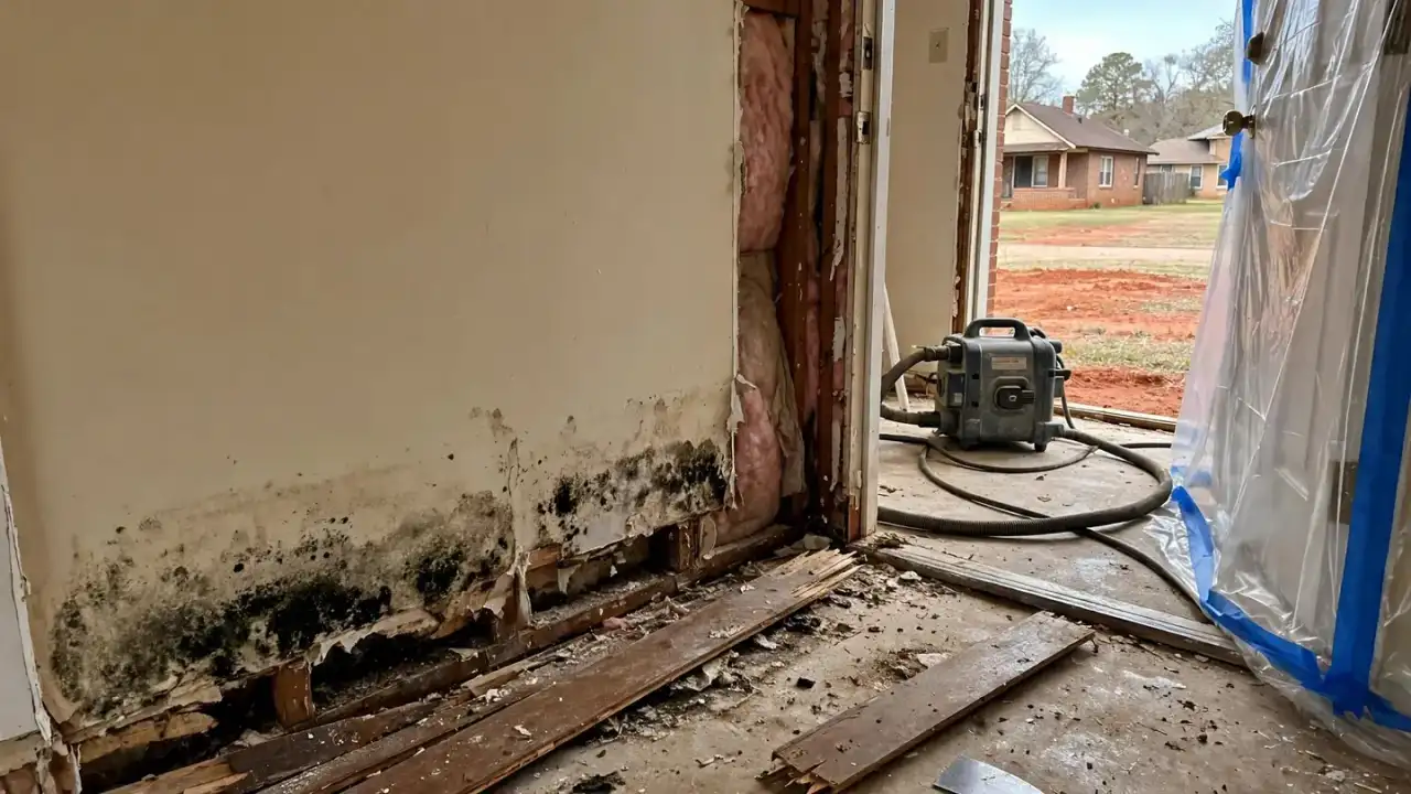 Mold along the bottom of a wall where baseboard was removed
