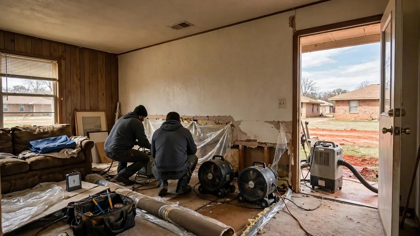 Two technicians setting up air movers in a single-story living room