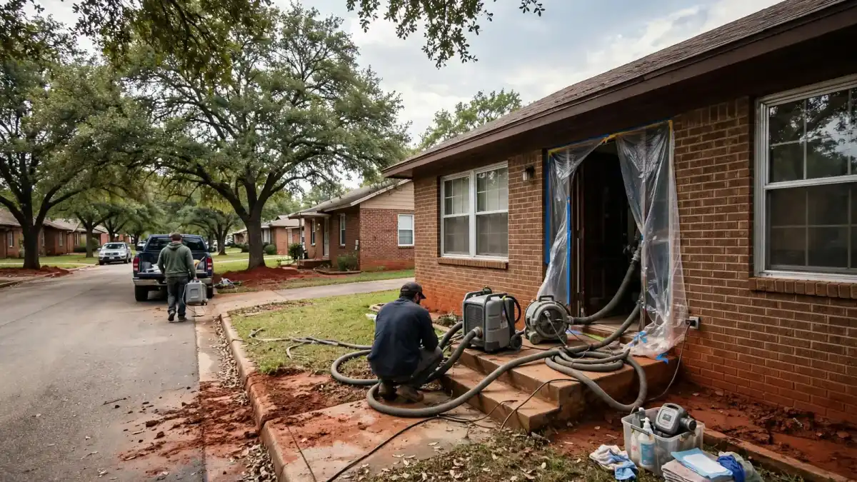 Brick house on a shady street with crews drying it out