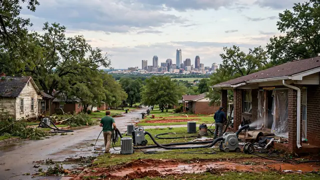 Neighborhood street with drying equipment and a city skyline beyond