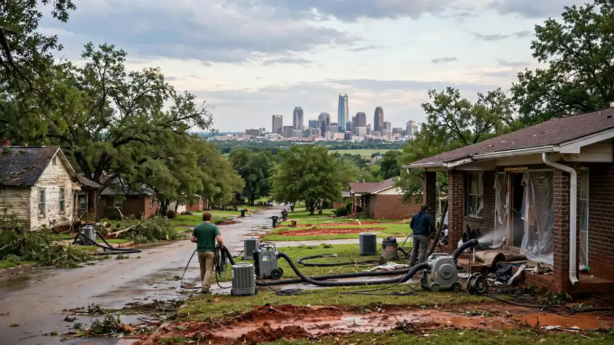 Neighborhood street with drying equipment and a city skyline beyond