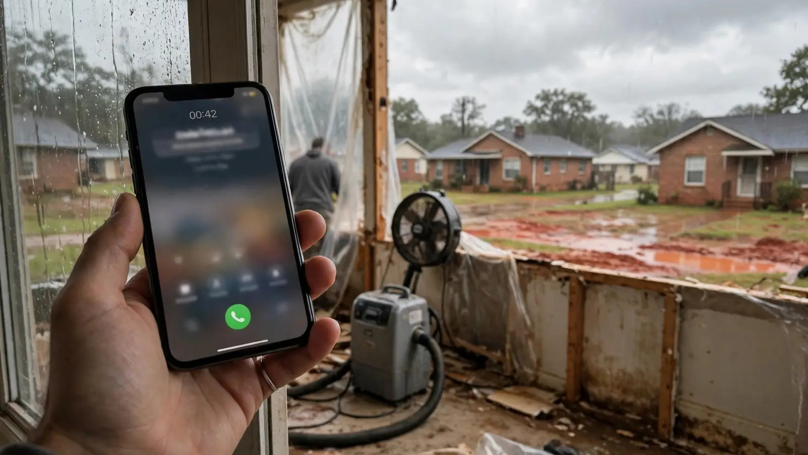 Hand holding a phone on a call inside a home under repair