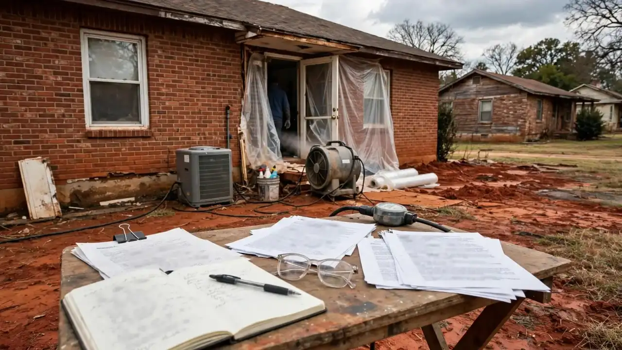 Notebook, papers and glasses on a table outside a brick house