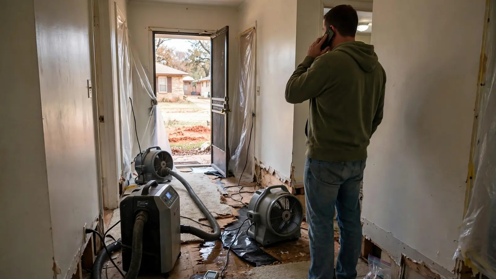 Man on the phone in a hallway with drying equipment around him