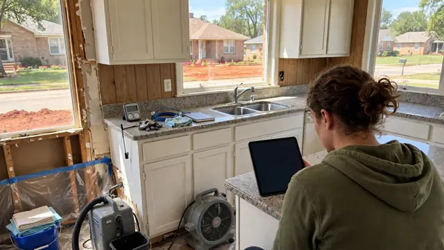 Woman reading a tablet at a kitchen counter during repairs