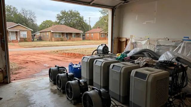 Row of dehumidifiers and air movers lined up in a garage