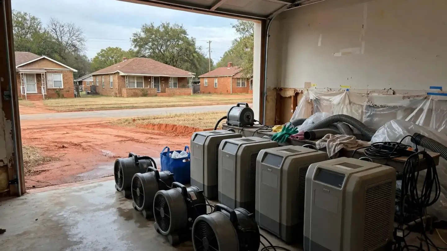 Row of dehumidifiers and air movers lined up in a garage