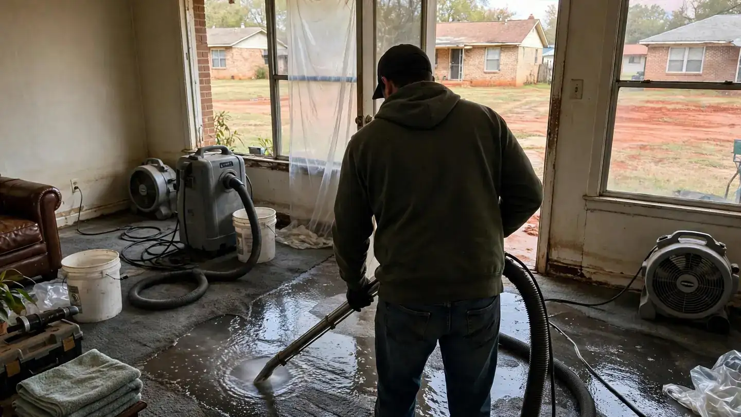 Technician running a carpet extraction wand across a soaked living room carpet