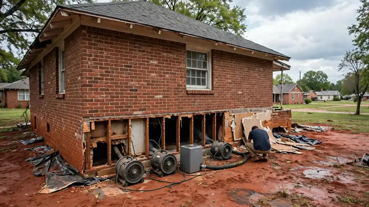 Brick house with lower wall opened and air movers drying it