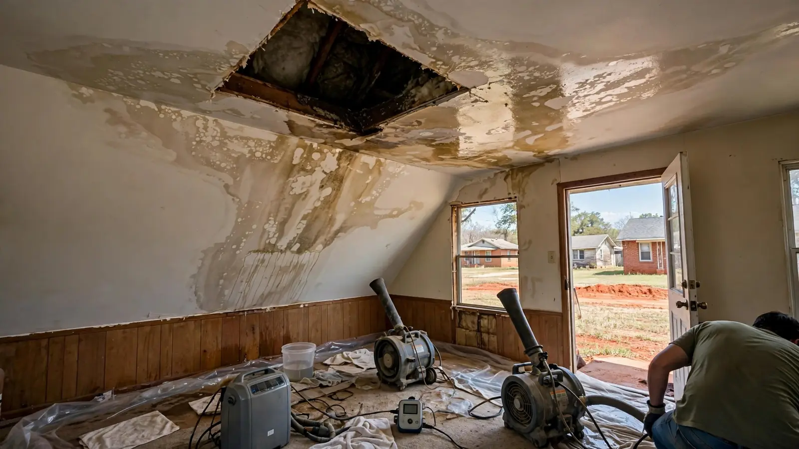 Water-stained ceiling with an opening and air movers below