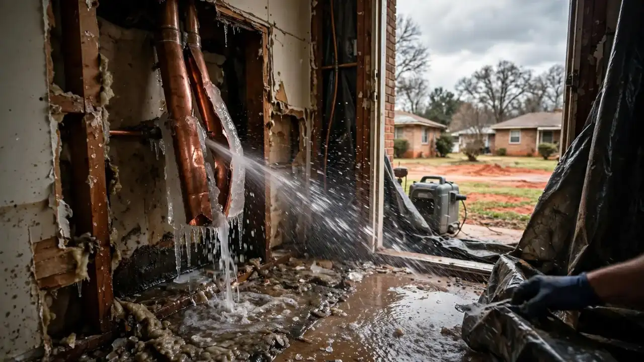 Split copper pipe spraying water inside an open wall