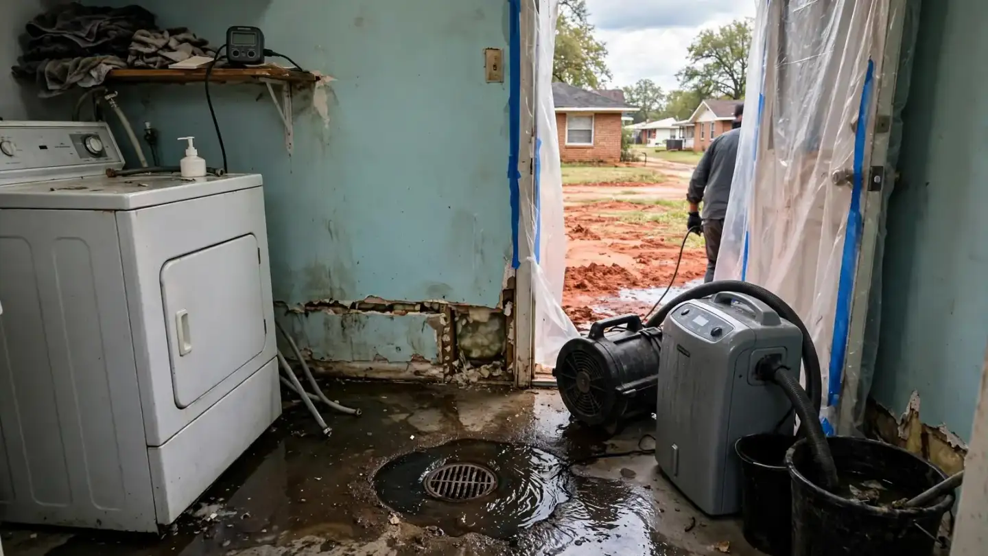 Laundry room floor drain with dirty water pooled around it