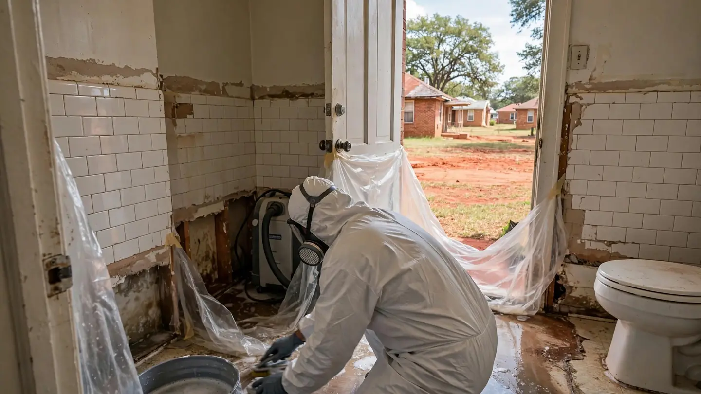Worker in a protective suit cleaning a bathroom floor